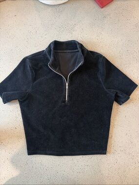 Alo Yoga Micro Corduroy Winter Break Mock Neck Quarter Zip Crop Top Black XS